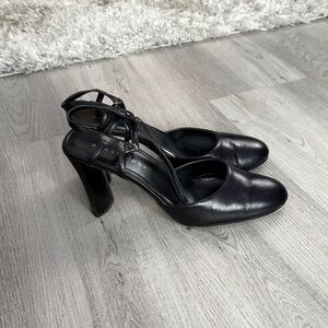 Apostrophe Black Leather Strappy Block Heel Pumps Size 9.5